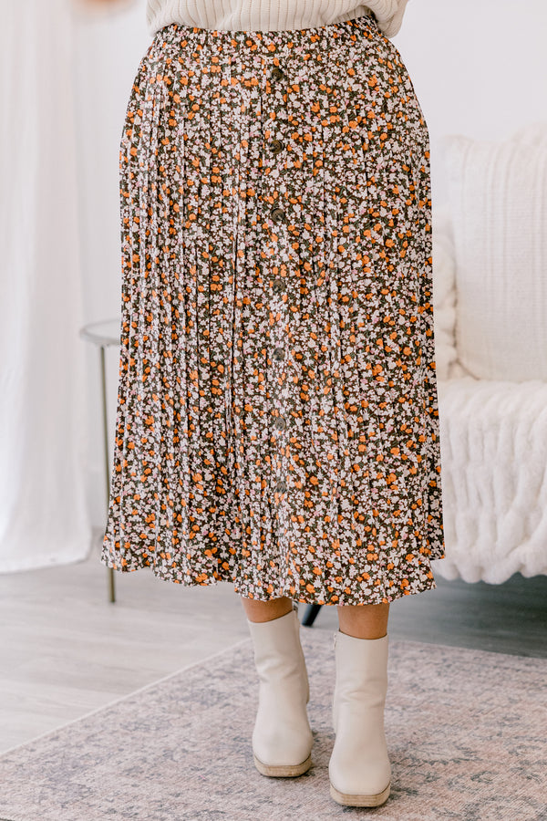 Chic Soul plus size clothing, brown, white, and orange small floral print pleated midi skirt