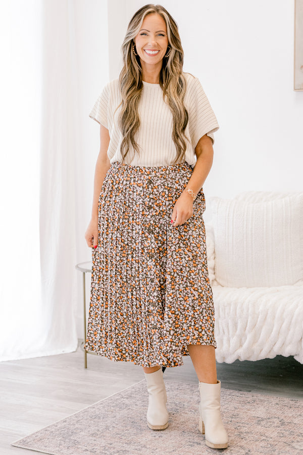 Chic Soul plus size clothing, brown, white, and orange small floral print pleated midi skirt