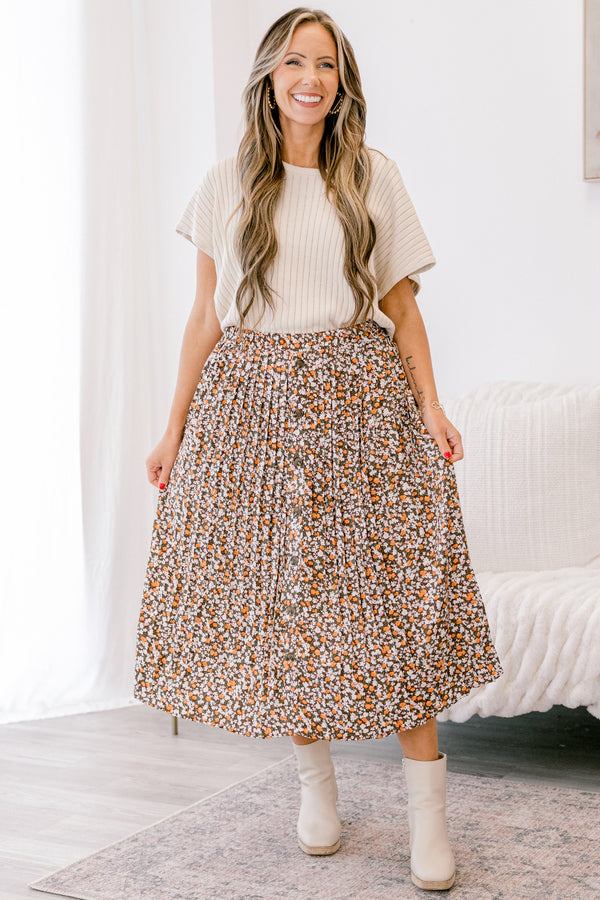Chic Soul plus size clothing, brown, white, and orange small floral print pleated midi skirt