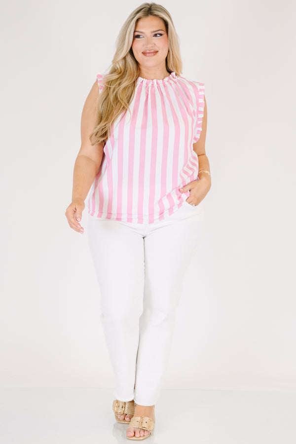 Plus Size pink and white vertical striped sleeveless top with a ruffled neckline and armholes.