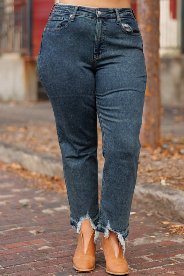 Chic Soul plus size clothing, dark wash denim mom jeans with frayed hemlines