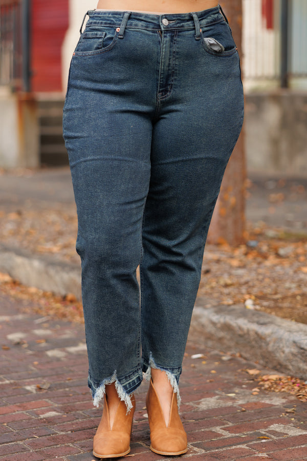 Chic Soul plus size clothing, dark wash denim mom jeans with frayed hemlines