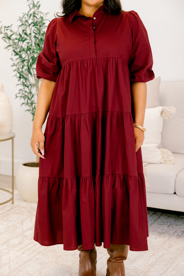 Chic Soul plus size clothing, wine red maxi dress with puff short sleeves and buttons a quarter down the front with a collar