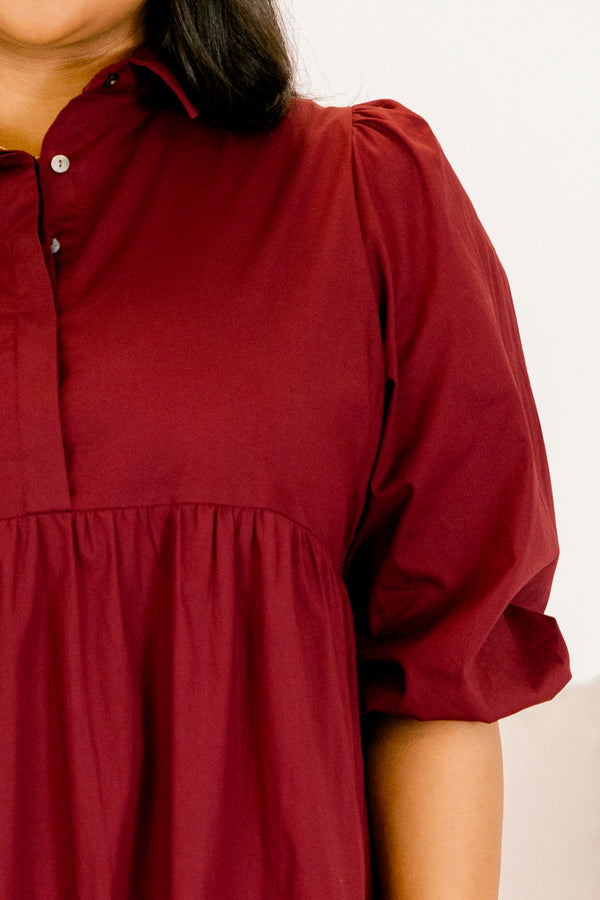 Chic Soul plus size clothing, wine red maxi dress with puff short sleeves and buttons a quarter down the front with a collar
