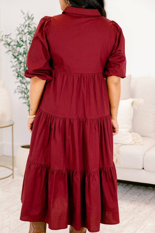 Chic Soul plus size clothing, wine red maxi dress with puff short sleeves and buttons a quarter down the front with a collar