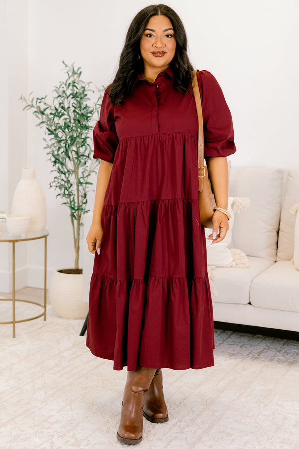 Chic Soul plus size clothing, wine red maxi dress with puff short sleeves and buttons a quarter down the front with a collar