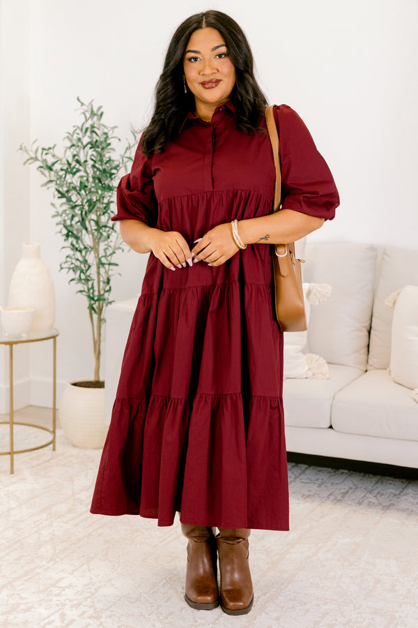 Chic Soul plus size clothing, wine red maxi dress with puff short sleeves and buttons a quarter down the front with a collar
