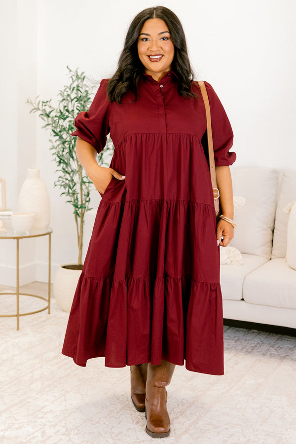 Chic Soul plus size clothing, wine red maxi dress with puff short sleeves and buttons a quarter down the front with a collar