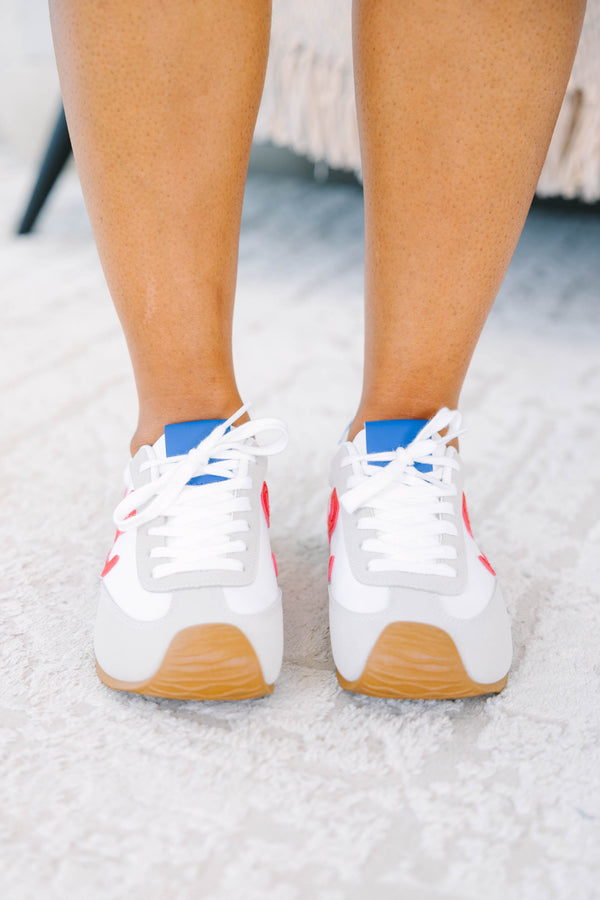 Plus Size white sneakers with grey suede trim, blue tongue, red side detail, and gum soles.
