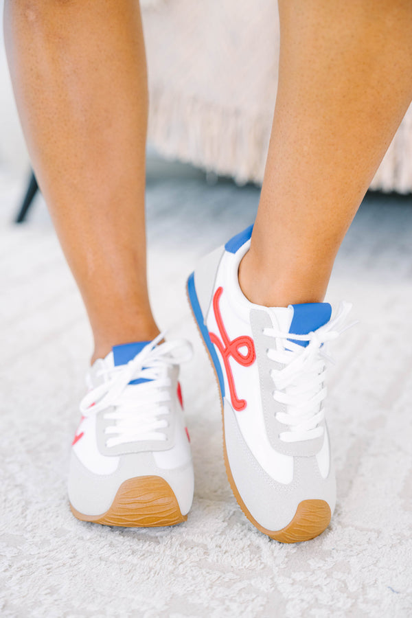 Plus Size white sneakers with grey suede trim, blue tongue, red side detail, and gum soles.