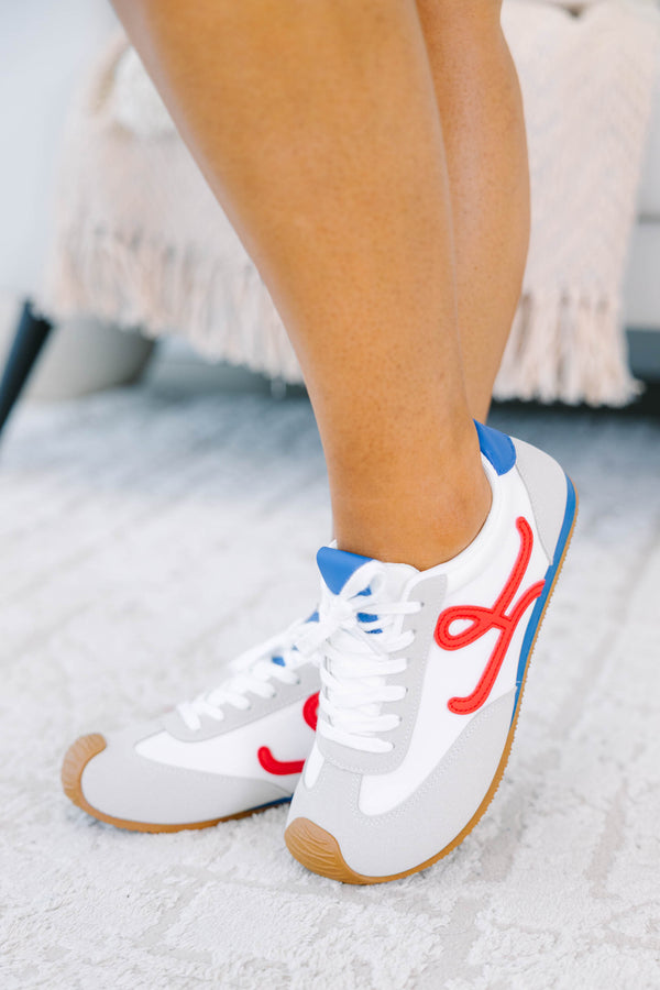 Plus Size white sneakers with grey suede trim, blue tongue, red side detail, and gum soles.
