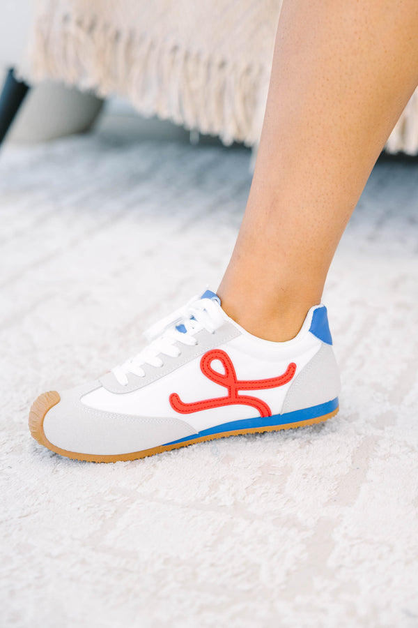 Plus Size white sneakers with grey suede trim, blue tongue, red side detail, and gum soles.
