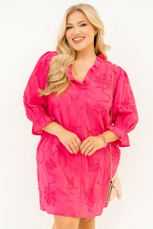 Chic Soul plus size clothing, hot pink mid sleeve short dress with cinched sleeves, frill collar, and embroidered floral pattern