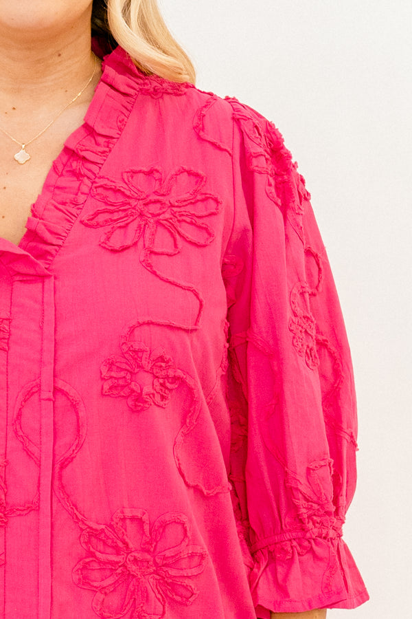 Chic Soul plus size clothing, hot pink mid sleeve short dress with cinched sleeves, frill collar, and embroidered floral pattern