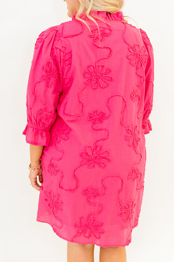 Chic Soul plus size clothing, hot pink mid sleeve short dress with cinched sleeves, frill collar, and embroidered floral pattern