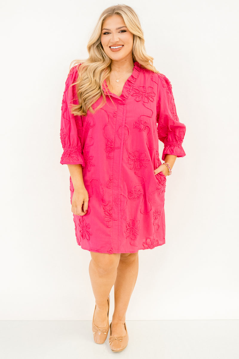 hot pink pattern dress Hot Pink Strapless Floral Embellished Midi Dress main image 0