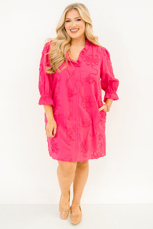 Chic Soul plus size clothing, hot pink mid sleeve short dress with cinched sleeves, frill collar, and embroidered floral pattern
