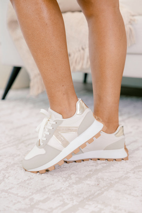 Chic Soul plus size clothing, beige two-toned sneakers with a neutral sole and gold accents