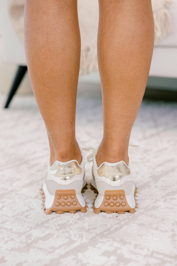 Chic Soul plus size clothing, beige two-toned sneakers with a neutral sole and gold accents