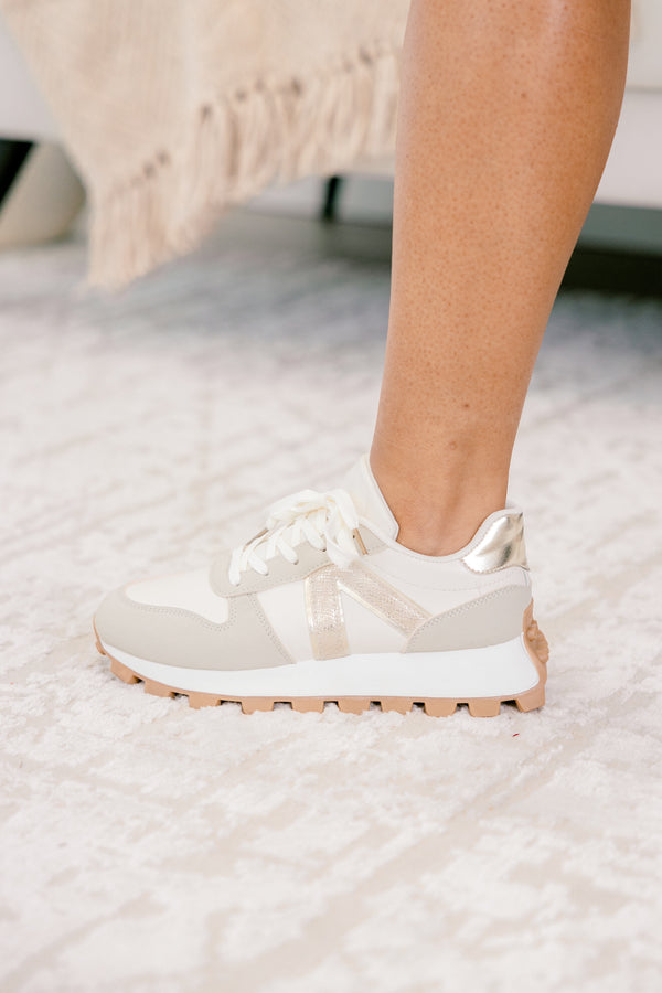 Chic Soul plus size clothing, beige two-toned sneakers with a neutral sole and gold accents