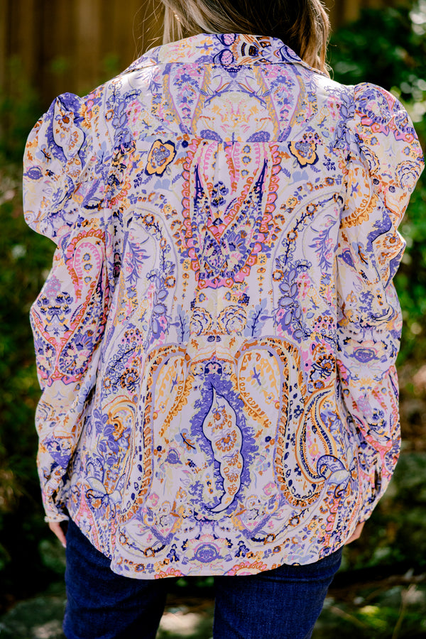 Chic Soul plus size clothing, blue multi color print long sleeve button up blouse