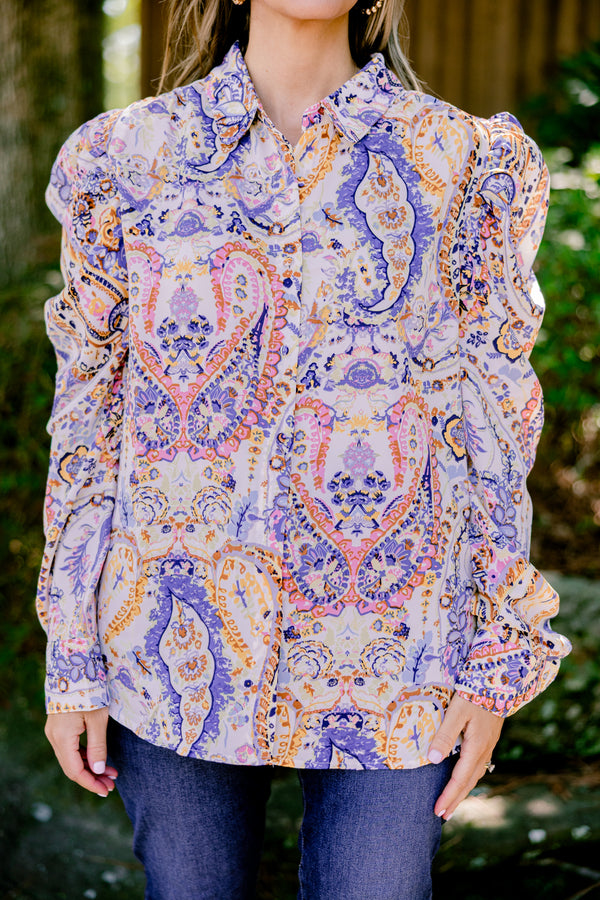 Chic Soul plus size clothing, blue multi color print long sleeve button up blouse