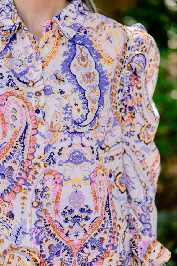 Chic Soul plus size clothing, blue multi color print long sleeve button up blouse