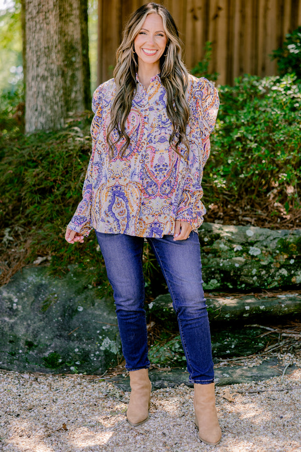 Chic Soul plus size clothing, blue multi color print long sleeve button up blouse