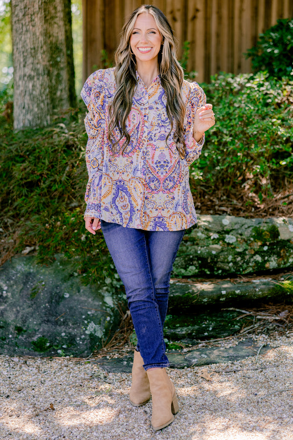 Chic Soul plus size clothing, blue multi color print long sleeve button up blouse