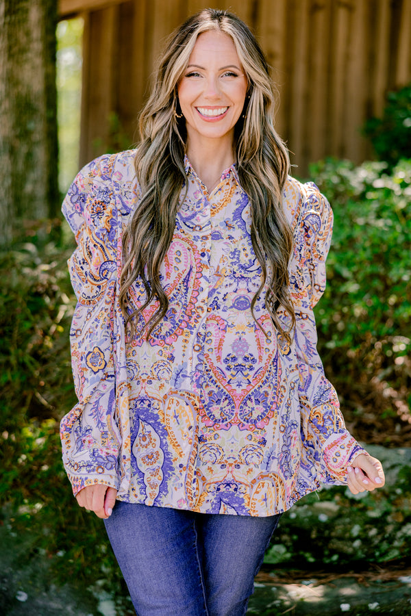 Chic Soul plus size clothing, blue multi color print long sleeve button up blouse