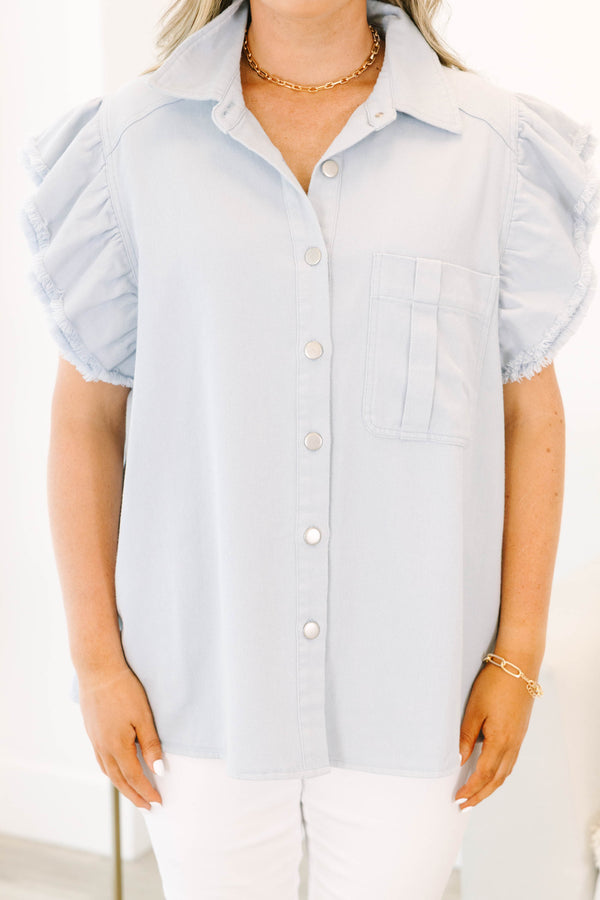 Chic Soul plus size clothing, grey short sleeve denim button up top with ruffle flare on sleeves