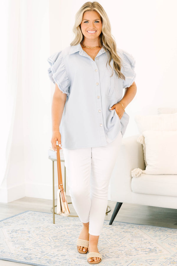Chic Soul plus size clothing, grey short sleeve denim button up top with ruffle flare on sleeves