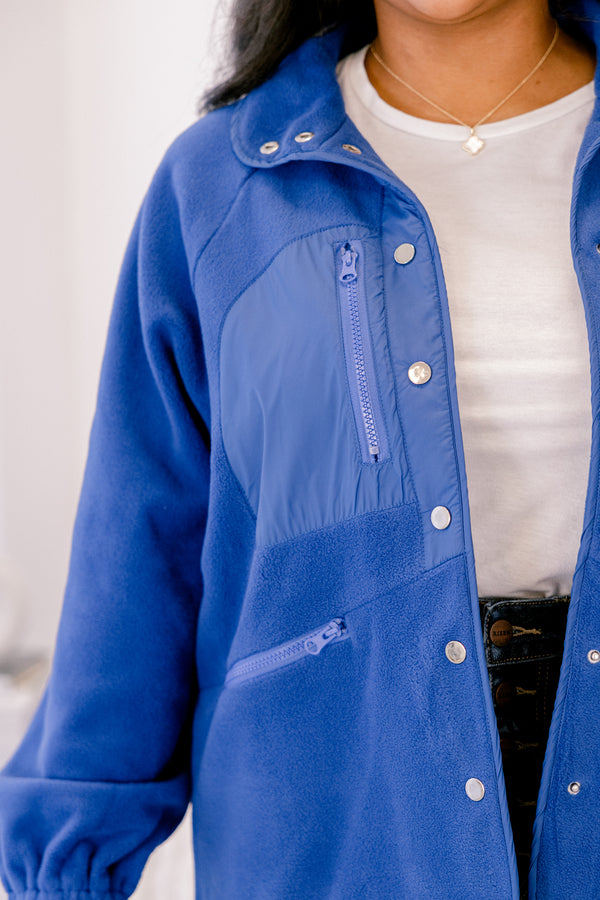 Chic Soul plus size clothing, blue jack with silver button details going down the sides of each jacket as well as a front pocket