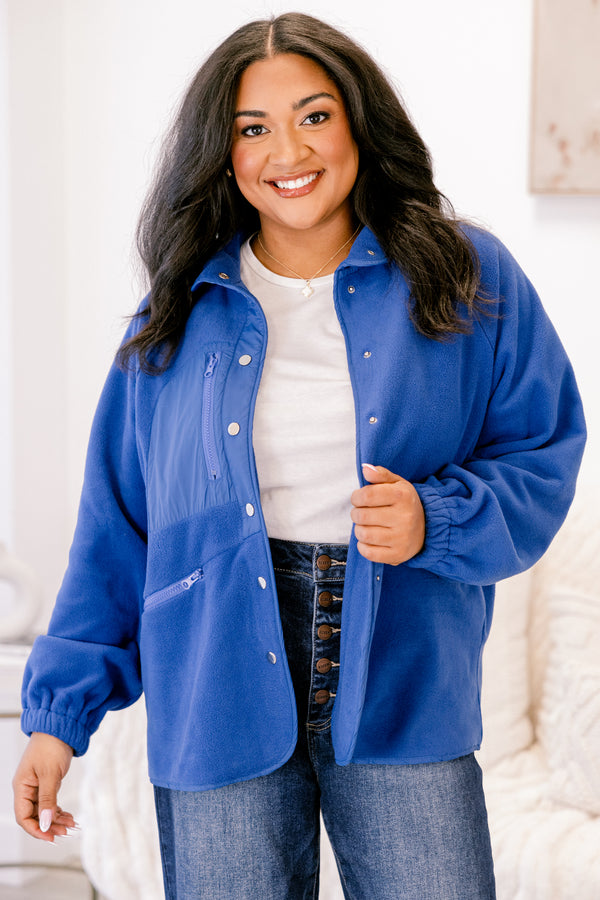 Chic Soul plus size clothing, blue jack with silver button details going down the sides of each jacket as well as a front pocket