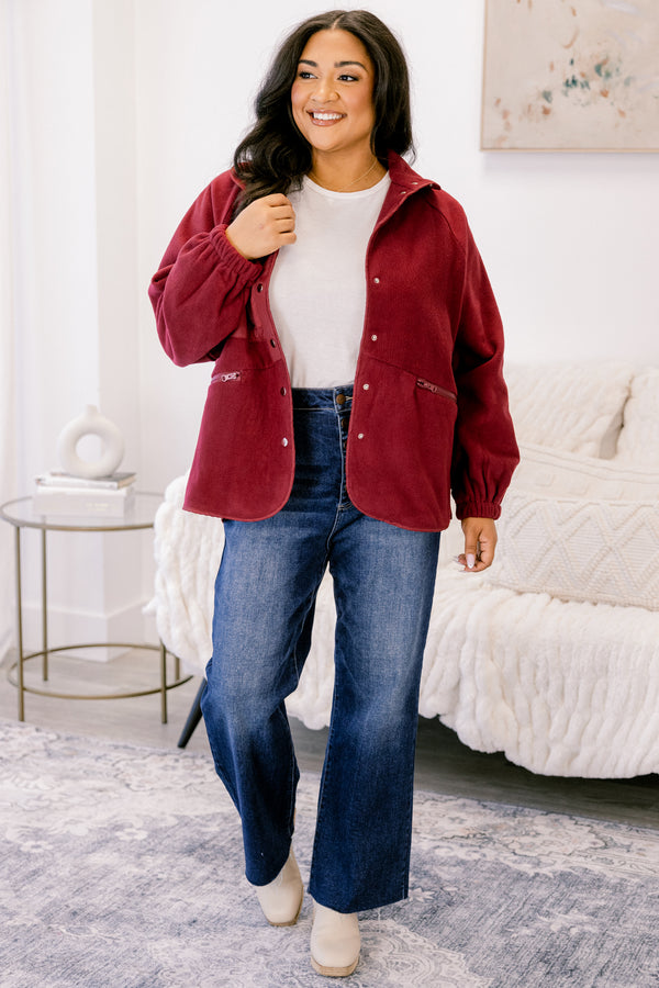Chic Soul plus size clothing, burgundy fleece button up jacket 