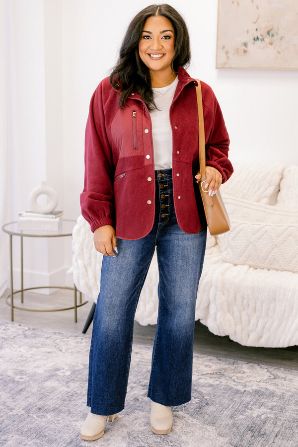 Chic Soul plus size clothing, burgundy fleece button up jacket 