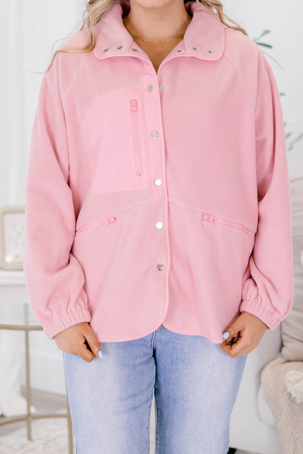 Chic Soul plus size clothing, dusty pink fleece long sleeve jacket with silver buttons going down the center of the jacket as well as a zipper pocket on the right side of the side and two front pockets 