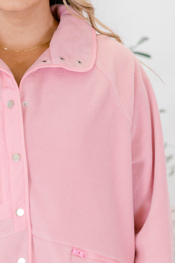 Chic Soul plus size clothing, dusty pink fleece long sleeve jacket with silver buttons going down the center of the jacket as well as a zipper pocket on the right side of the side and two front pockets 
