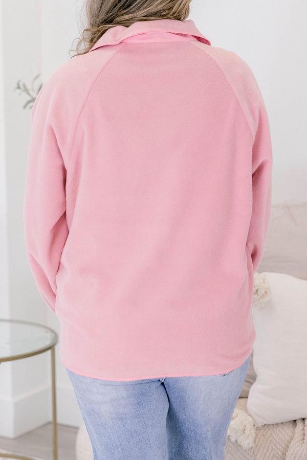 Chic Soul plus size clothing, dusty pink fleece long sleeve jacket with silver buttons going down the center of the jacket as well as a zipper pocket on the right side of the side and two front pockets 