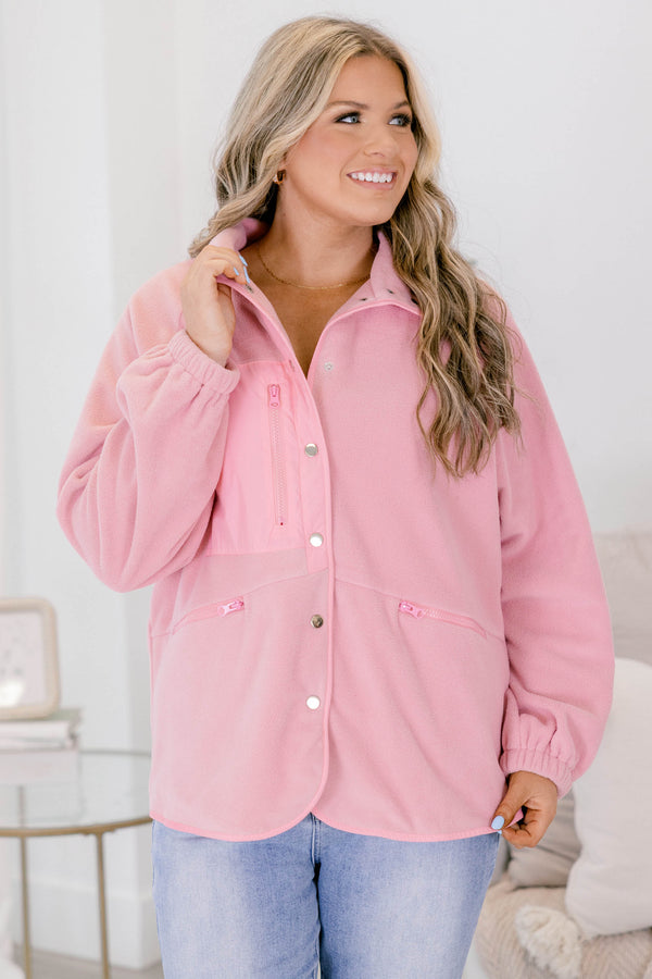 Chic Soul plus size clothing, dusty pink fleece long sleeve jacket with silver buttons going down the center of the jacket as well as a zipper pocket on the right side of the side and two front pockets 