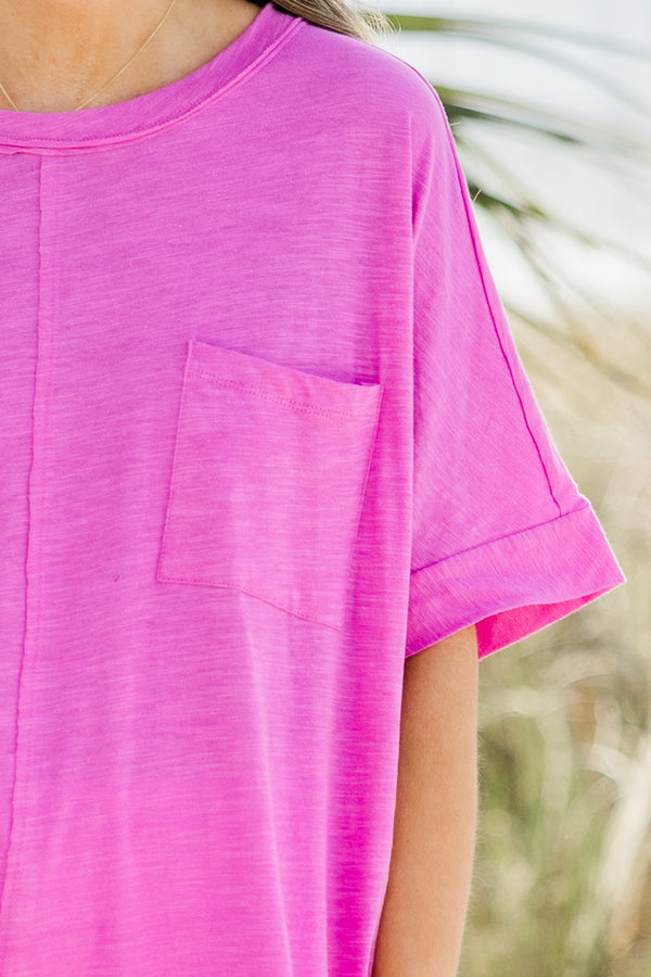 Chic Soul plus size clothing, thin hot magenta short sleeve basic top with seam down middle and pocket on front