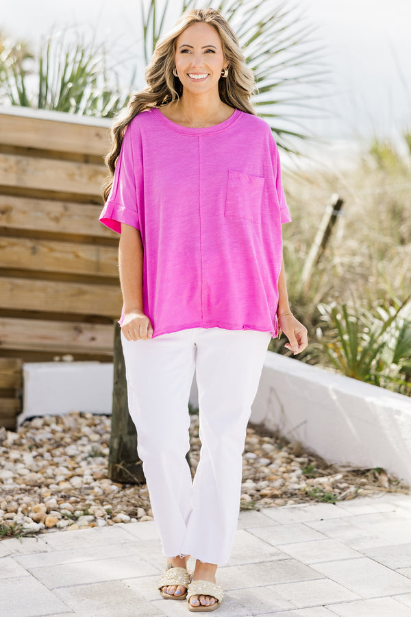 Chic Soul plus size clothing, thin hot magenta short sleeve basic top with seam down middle and pocket on front