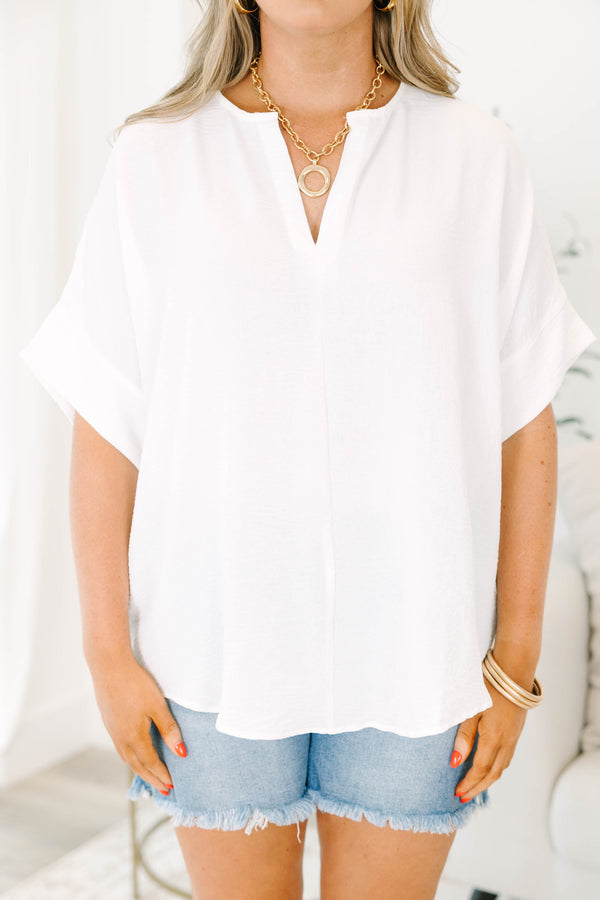 Chic Soul plus size clothing, white flowy short sleeves top with a v neck