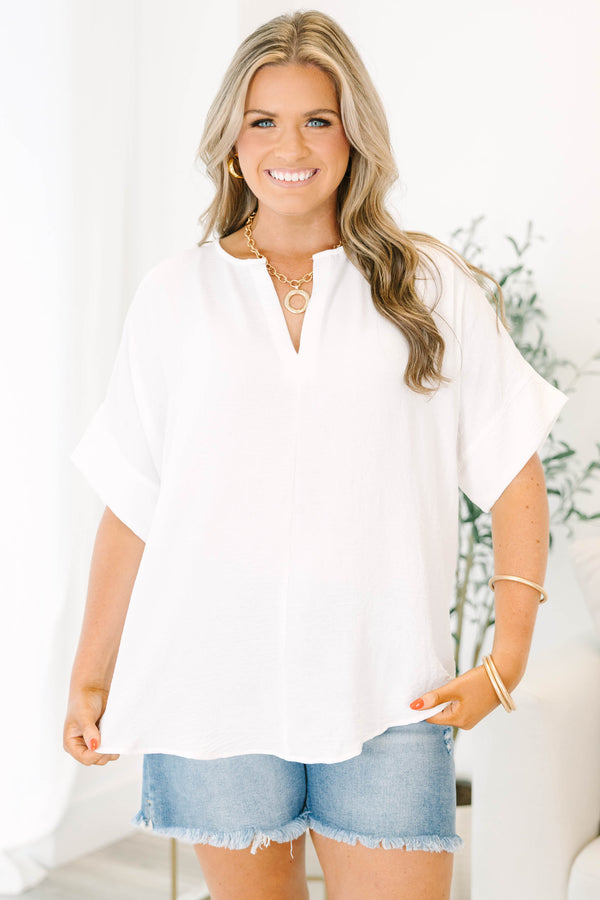 Chic Soul plus size clothing, white flowy short sleeves top with a v neck