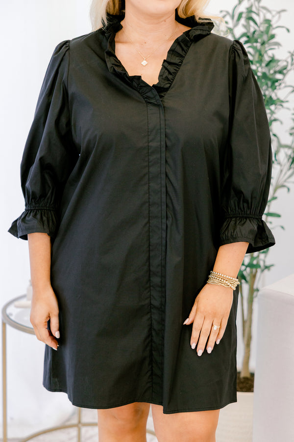 Chic Soul plus size clothing, black mid sleeve short dress with cinched sleeves and frill collar