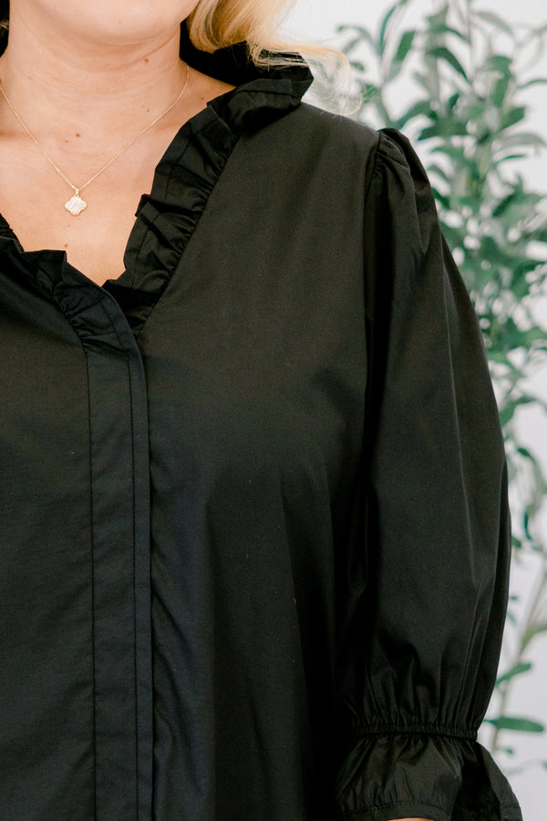 Chic Soul plus size clothing, black mid sleeve short dress with cinched sleeves and frill collar