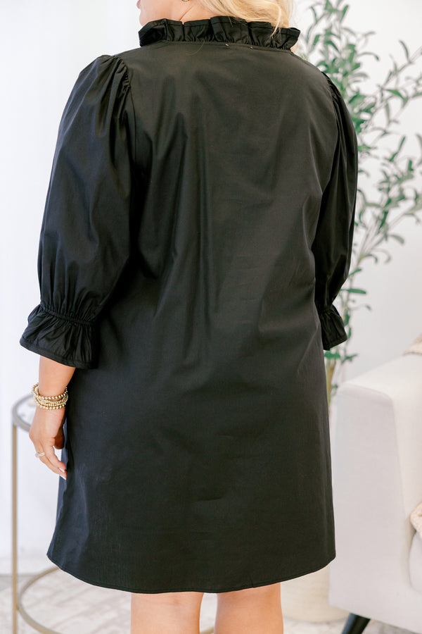 Chic Soul plus size clothing, black mid sleeve short dress with cinched sleeves and frill collar