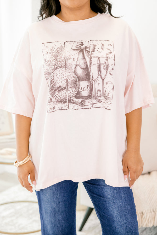 Chic Soul plus size clothing, light pink short sleeve boyfriend tee with a new years graphic in the middle with a disco ball, champagne bottle, and flutes