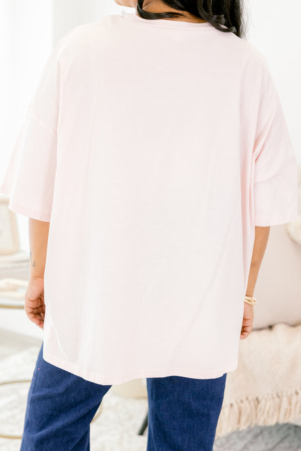 Chic Soul plus size clothing, light pink short sleeve boyfriend tee with a new years graphic in the middle with a disco ball, champagne bottle, and flutes