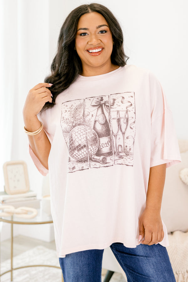 Chic Soul plus size clothing, light pink short sleeve boyfriend tee with a new years graphic in the middle with a disco ball, champagne bottle, and flutes